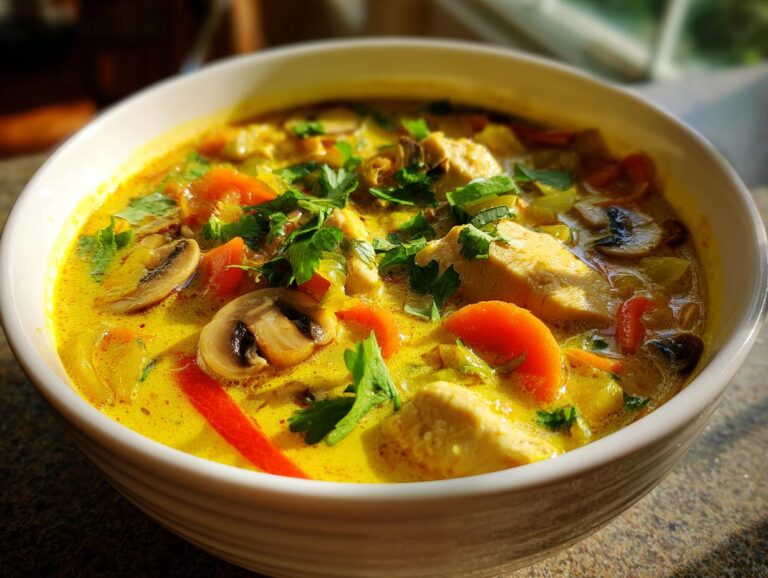 A close-up of a vibrant, yellow coconut curry soup filled with chunks of chicken, sliced mushrooms, carrots, and fresh parsley.