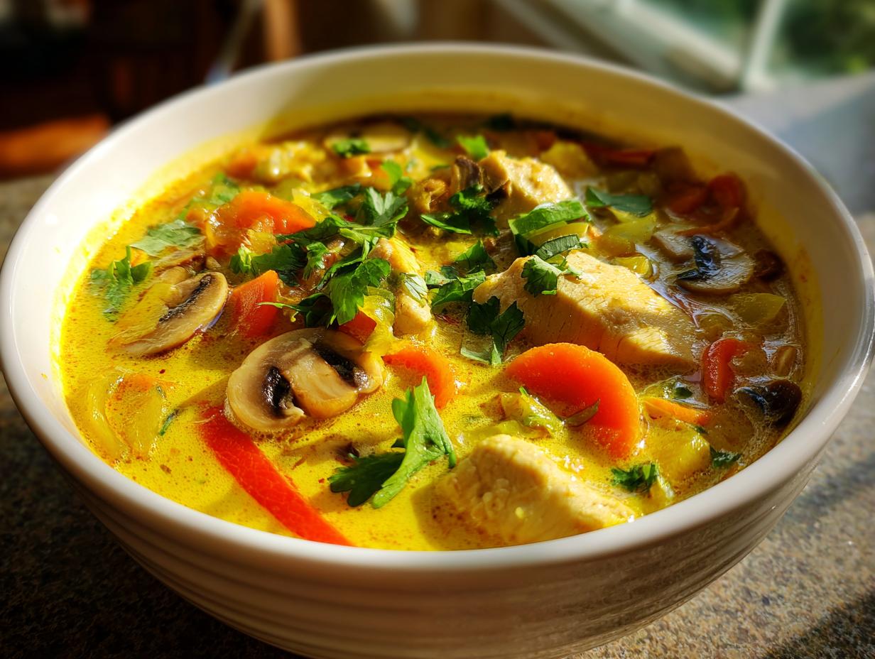 A close-up of a vibrant, yellow coconut curry soup filled with chunks of chicken, sliced mushrooms, carrots, and fresh parsley.