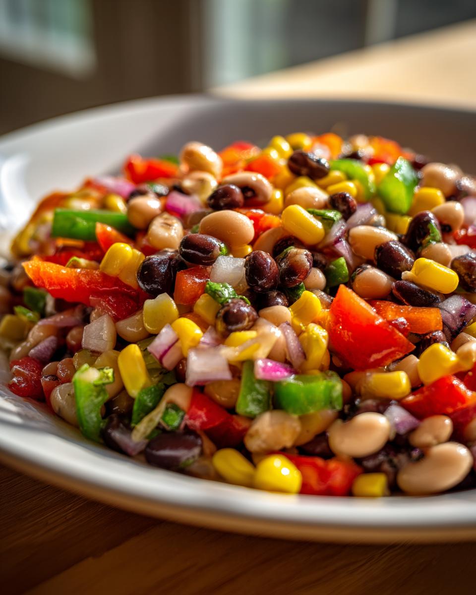 Close-up view of a vibrant bowl of cowboy caviar featuring black beans, corn, red peppers, and onions.