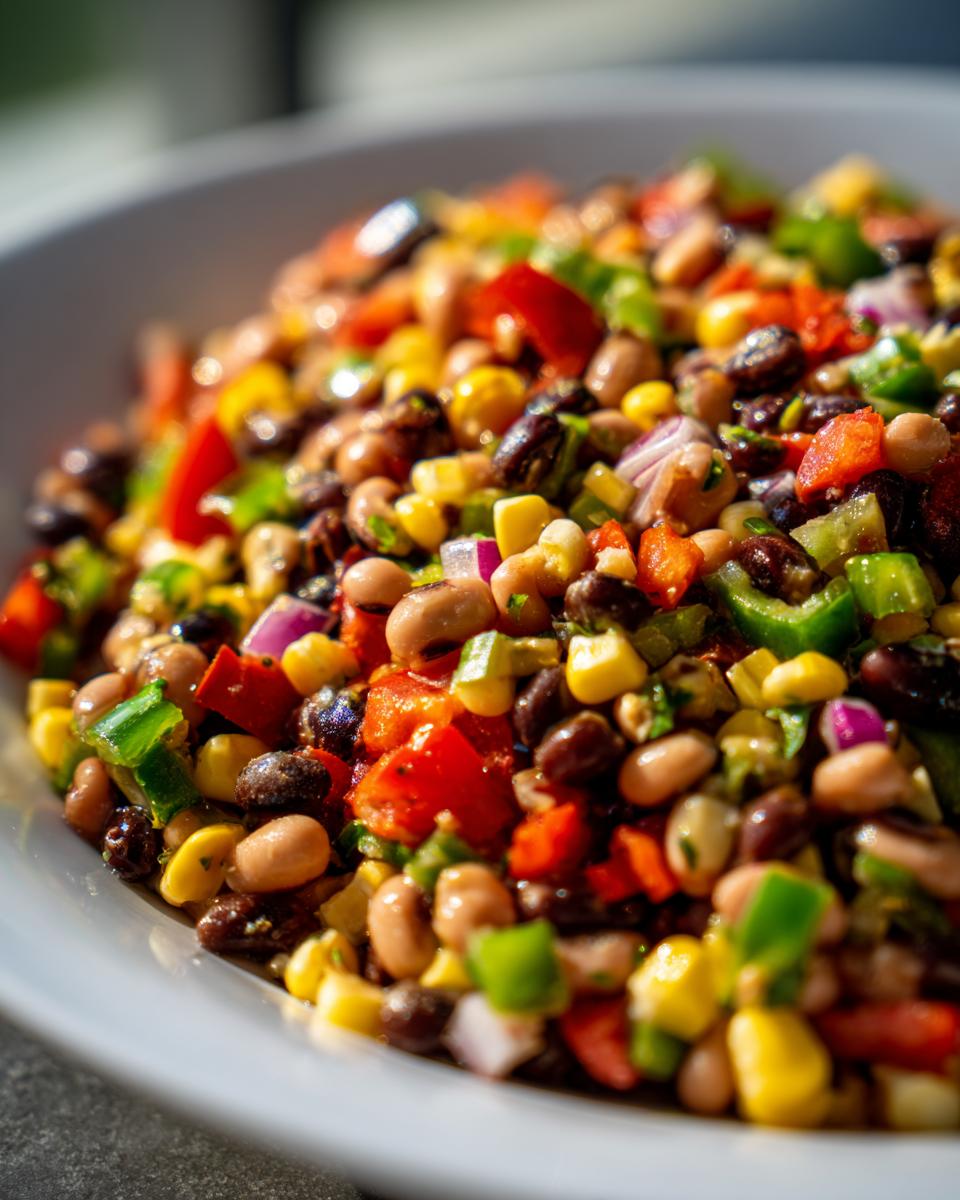 Close-up of vibrant cowboy caviar dip featuring black beans, corn, tomatoes, and peppers in a white bowl.