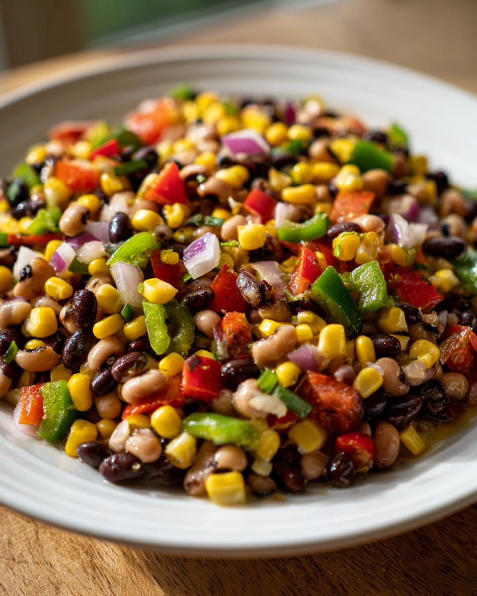 A close-up view of vibrant cowboy caviar dip featuring black beans, corn, peppers, and red onion in a white bowl.