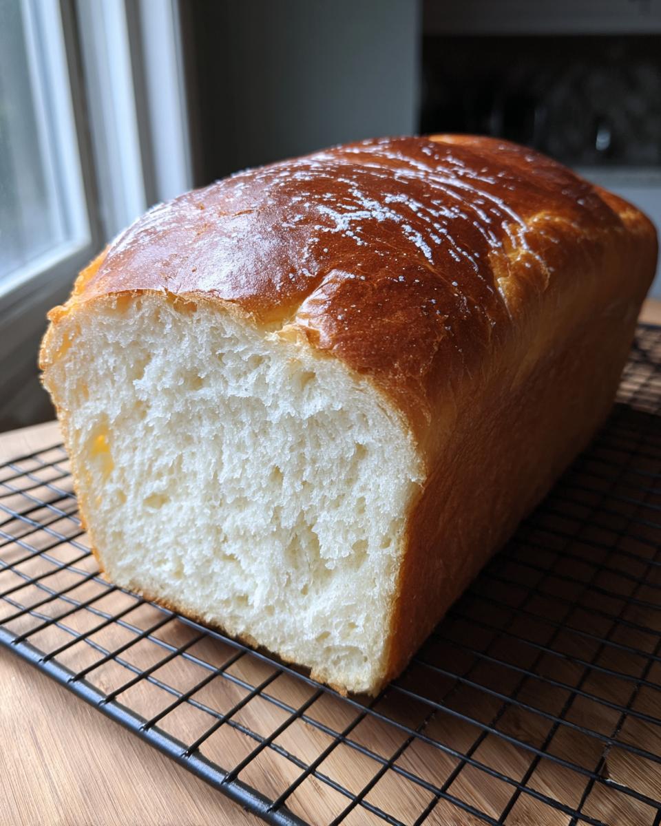 A golden-brown loaf of soft condensed milk bread, sliced to show the fluffy white interior, resting on a cooling rack.