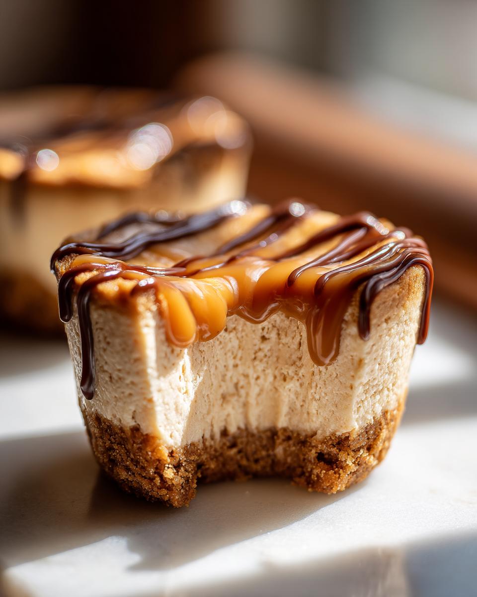 Close-up of a cookie butter cheesecake cup with a bite taken out, drizzled with caramel and chocolate sauce.