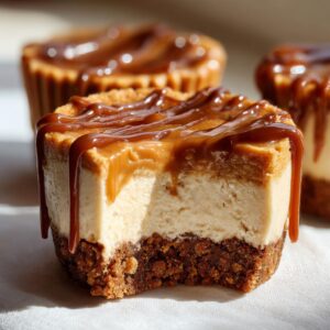 Close-up of a cookie butter cheesecake cup with a bite taken out, showing the creamy filling and thick caramel drizzle.