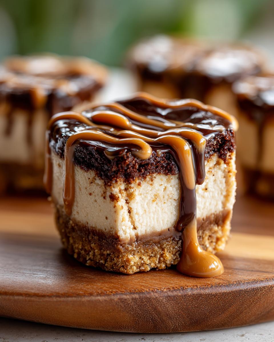 A single, decadent cookie butter cheesecake cup with a thick crust, creamy filling, and rich chocolate and caramel drizzle.