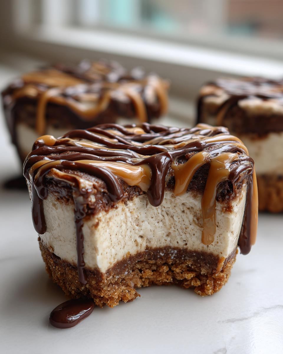 A close-up of a cookie butter cheesecake cup with a bite taken out, showing the creamy filling and graham cracker crust, drizzled with chocolate and caramel.