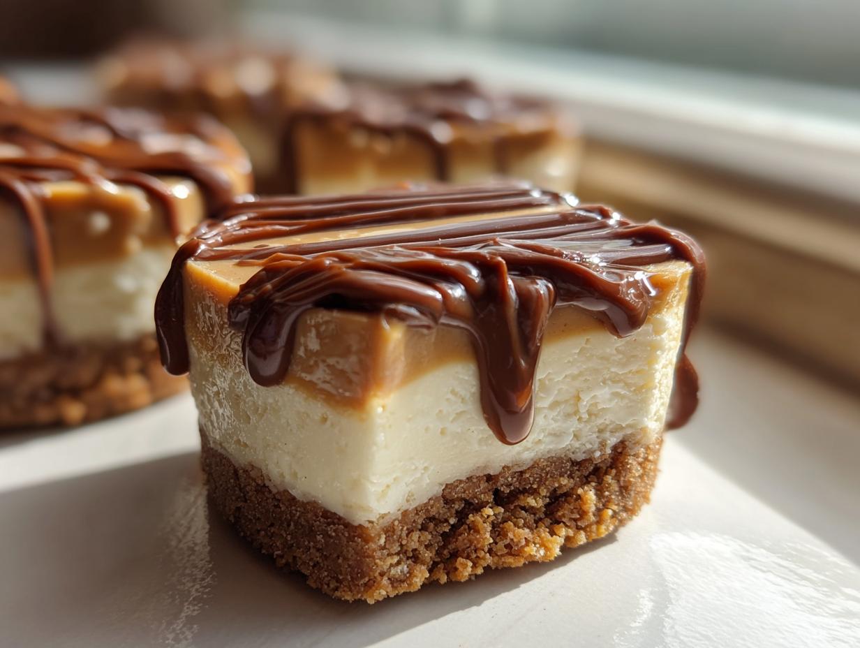 A close-up of one square cookie butter cheesecake cup showing the graham cracker crust, creamy filling, and rich caramel and chocolate drizzle.
