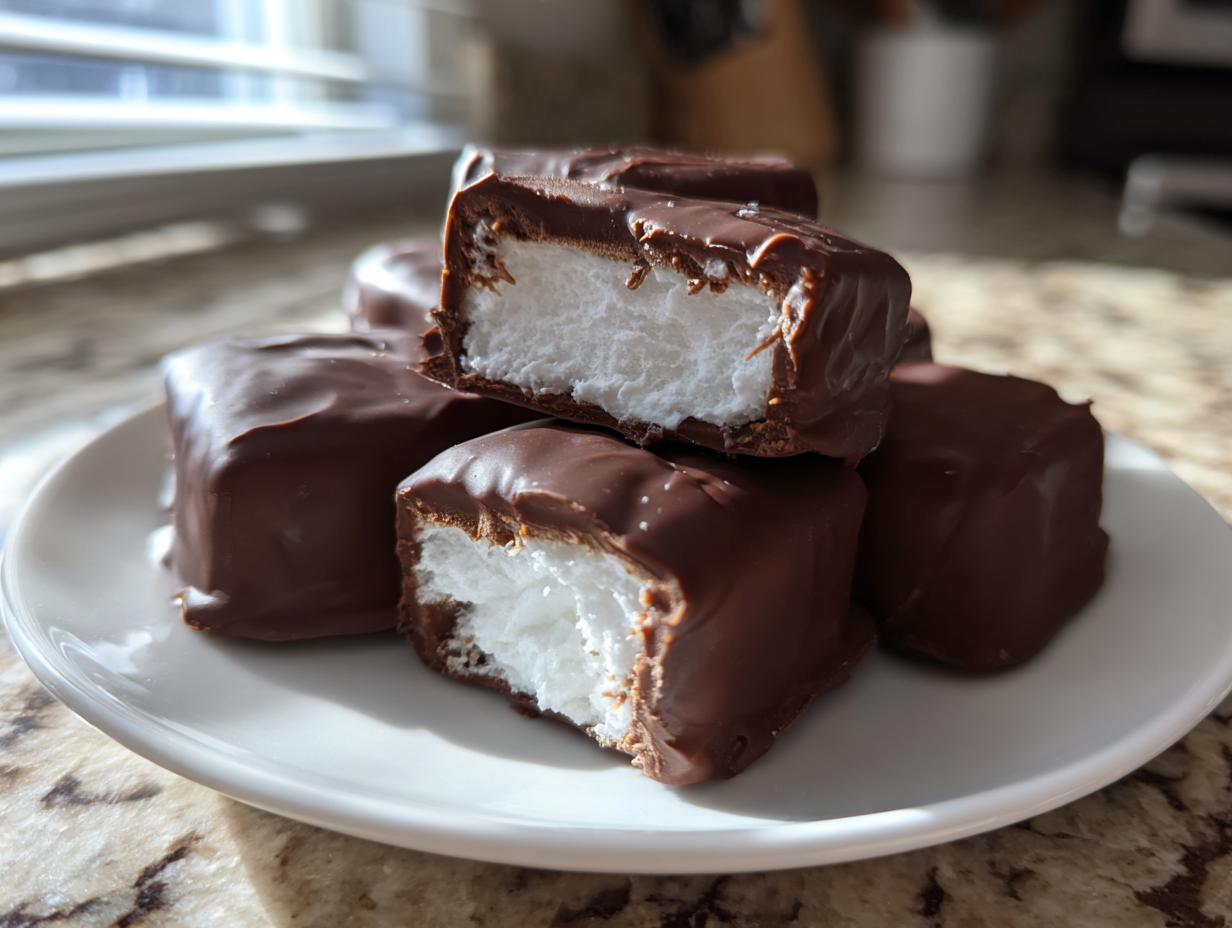 A stack of homemade chocolate-covered treats revealing a fluffy white interior, perfect for cool whip candy recipes.
