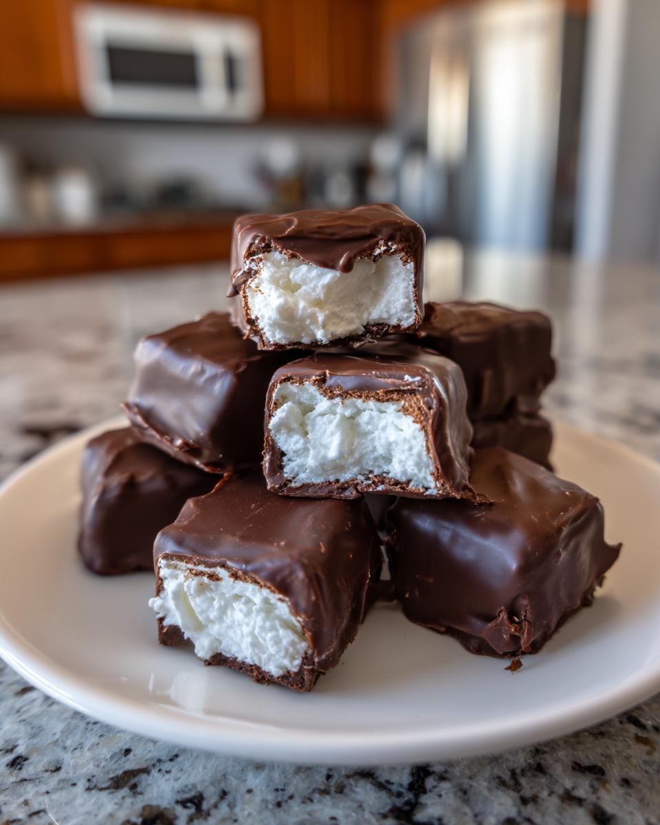 A stack of homemade cool whip candy pieces coated in chocolate, with two pieces cut open showing the white filling.