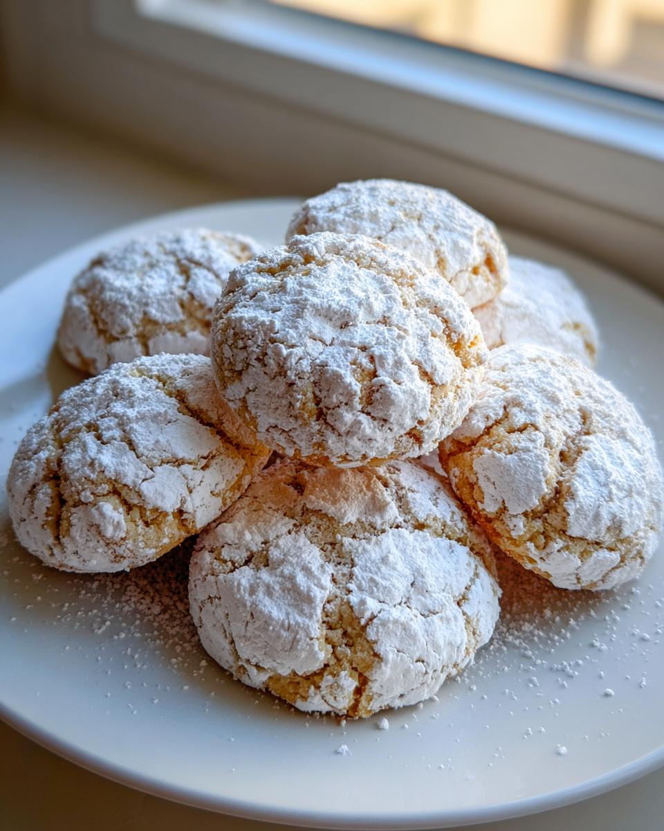 A stack of soft, crinkled Cool Whip cookies heavily dusted with white powdered sugar on a light plate.