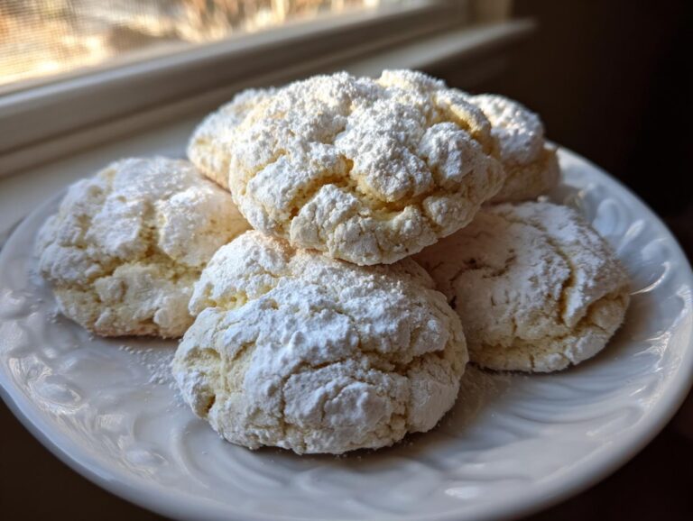 A stack of soft, crinkle-topped cool whip cookies heavily dusted with powdered sugar on a white plate.