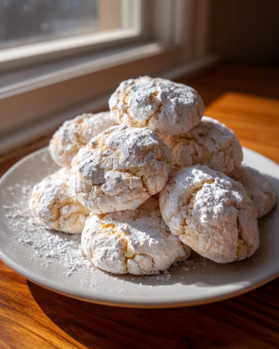 A stack of light, crinkled Cool Whip cookies heavily coated in powdered sugar on a white plate.