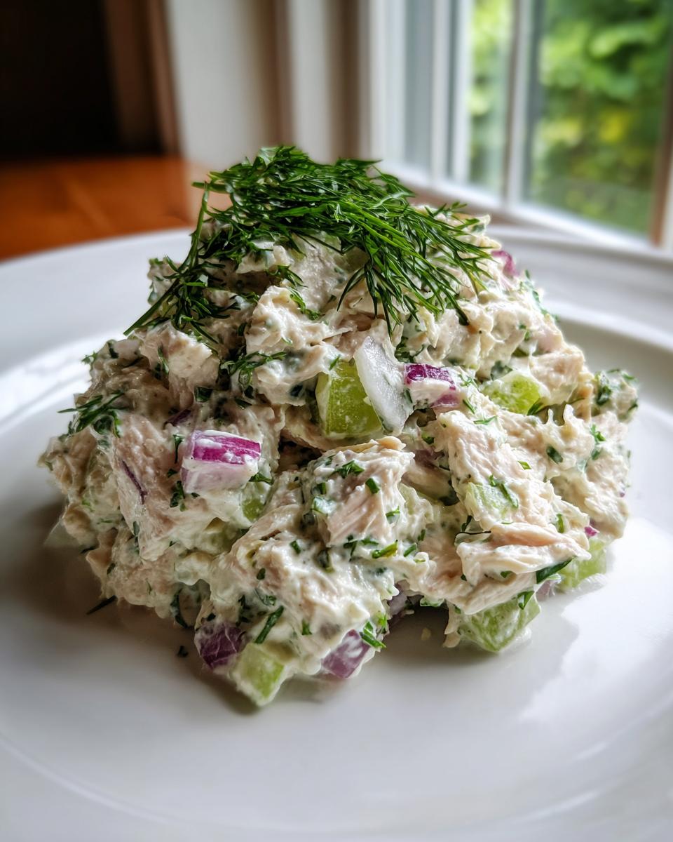 A mound of creamy cottage cheese chicken salad mixed with red onion and celery, topped with fresh dill.