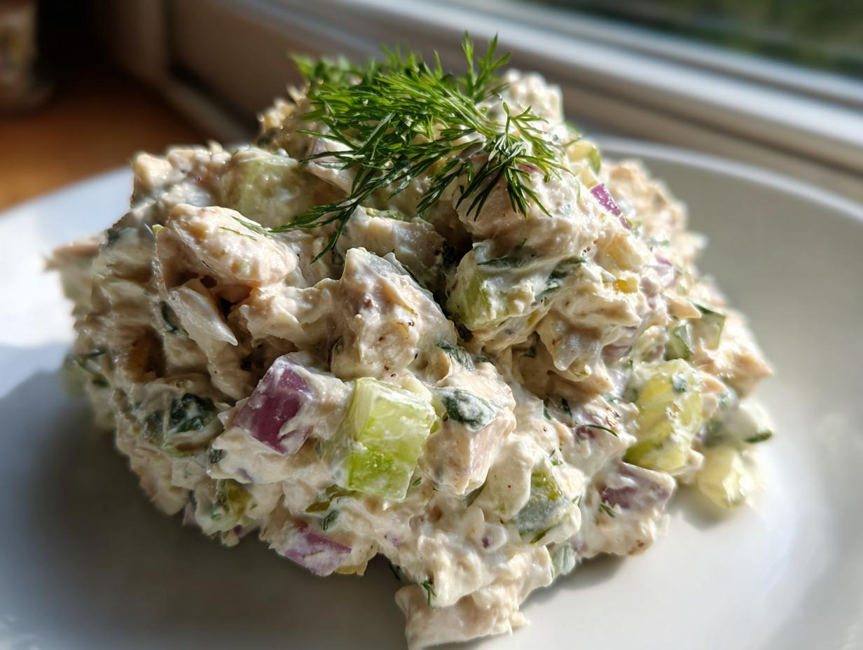 A mound of creamy cottage cheese chicken salad mixed with celery and red onion, topped with fresh dill.