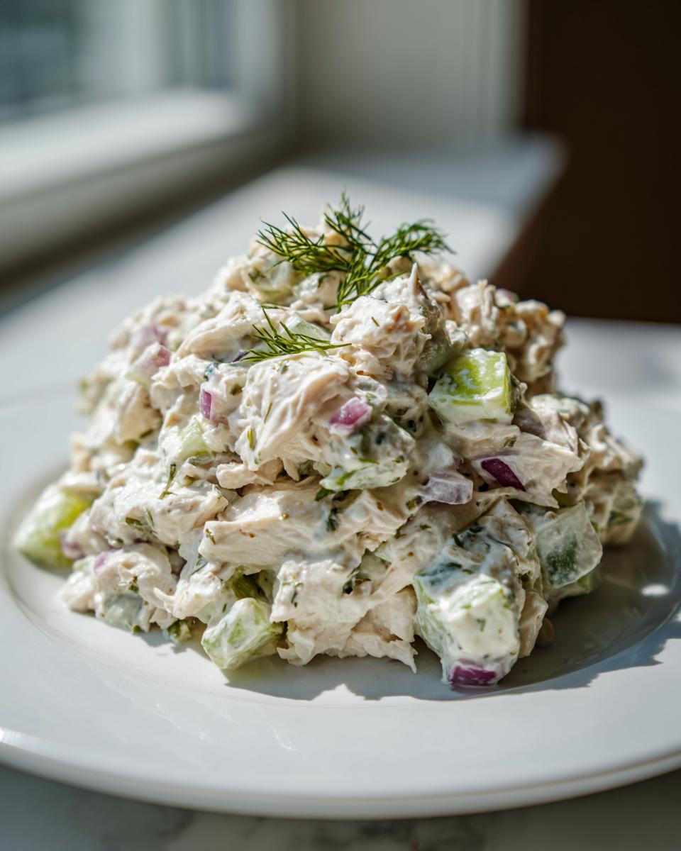 A mound of creamy cottage cheese chicken salad with visible chunks of celery and red onion, topped with fresh dill.