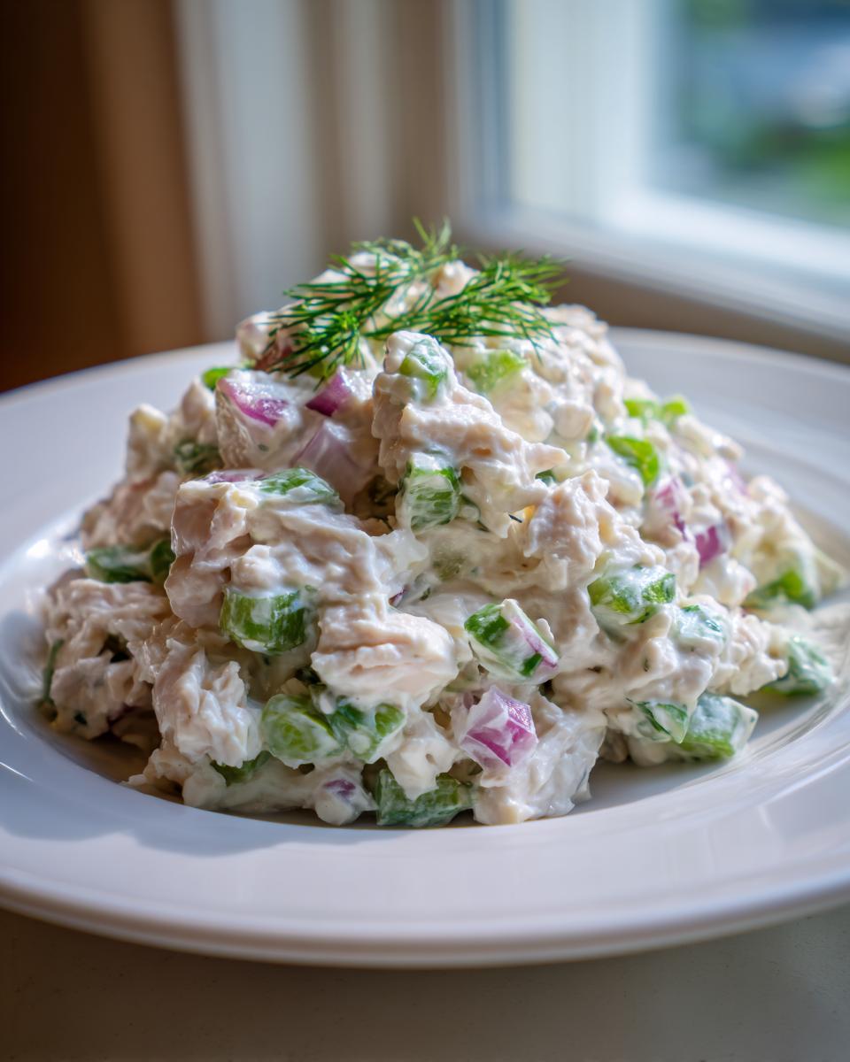 A mound of creamy cottage cheese chicken salad mixed with celery and red onion, garnished with fresh dill, served on a white plate.