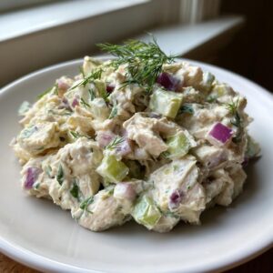 A close-up of creamy cottage cheese chicken salad mixed with chunks of celery and red onion, topped with fresh dill.