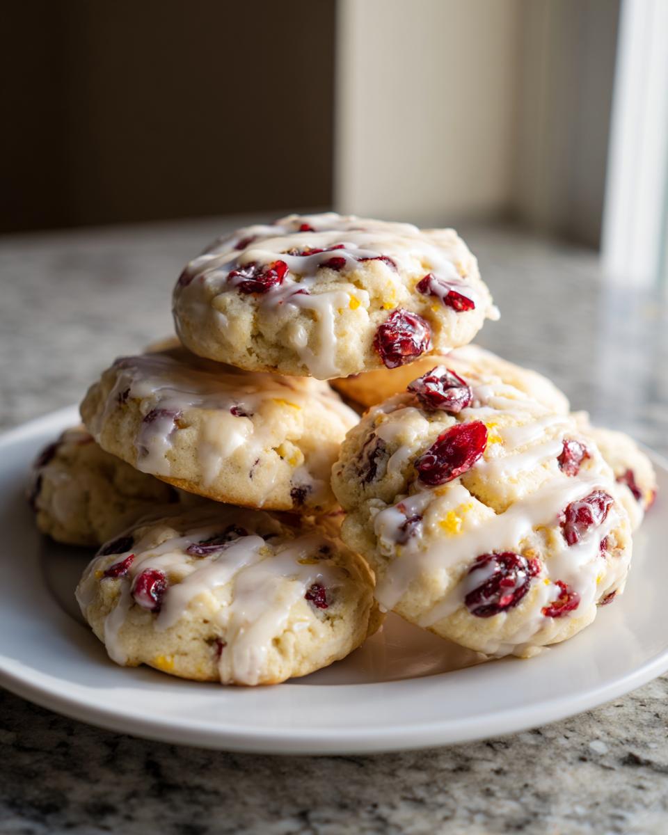 A stack of freshly baked cranberry orange cookies drizzled with white icing, resting on a white plate.