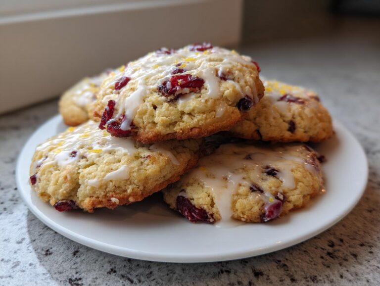 A stack of four delicious cranberry orange cookies, drizzled with white glaze and topped with orange zest.