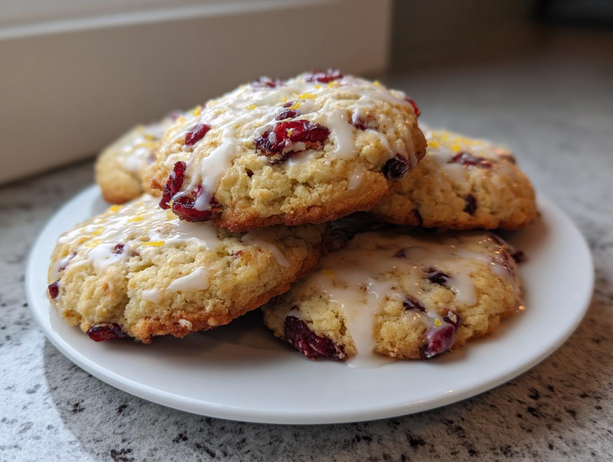 A stack of four delicious cranberry orange cookies, drizzled with white glaze and topped with orange zest.
