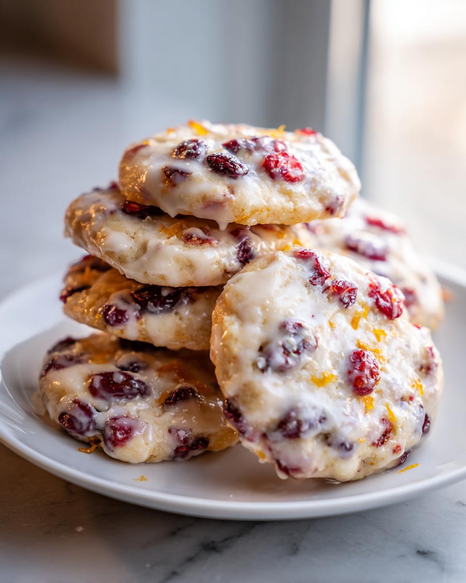A stack of five delicious cranberry orange cookies topped with a thick white glaze and orange zest.