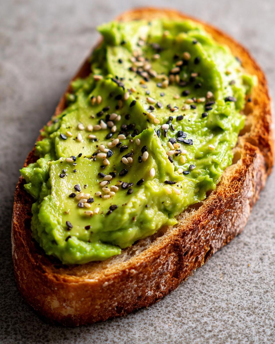 Close-up of a slice of toasted bread topped with creamy mashed avocado toast and sprinkled with black and white sesame seeds.