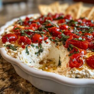 A scoop has been taken out of a white baking dish filled with creamy bruschetta dip topped with roasted cherry tomatoes and fresh basil.