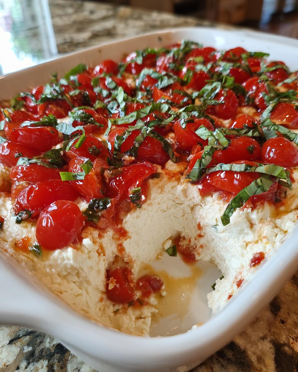 A scoop has been taken out of a baked bruschetta dip, showing the creamy white cheese base topped with roasted cherry tomatoes and fresh basil.