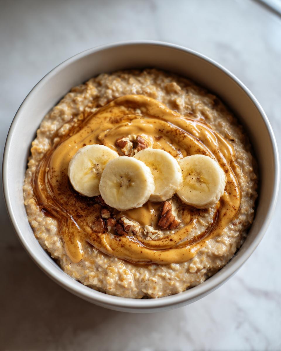 Overhead view of creamy banana oatmeal topped with a swirl of peanut butter, sliced bananas, and pecans.