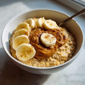 A close-up of creamy banana oatmeal topped with sliced bananas and a swirl of peanut butter.