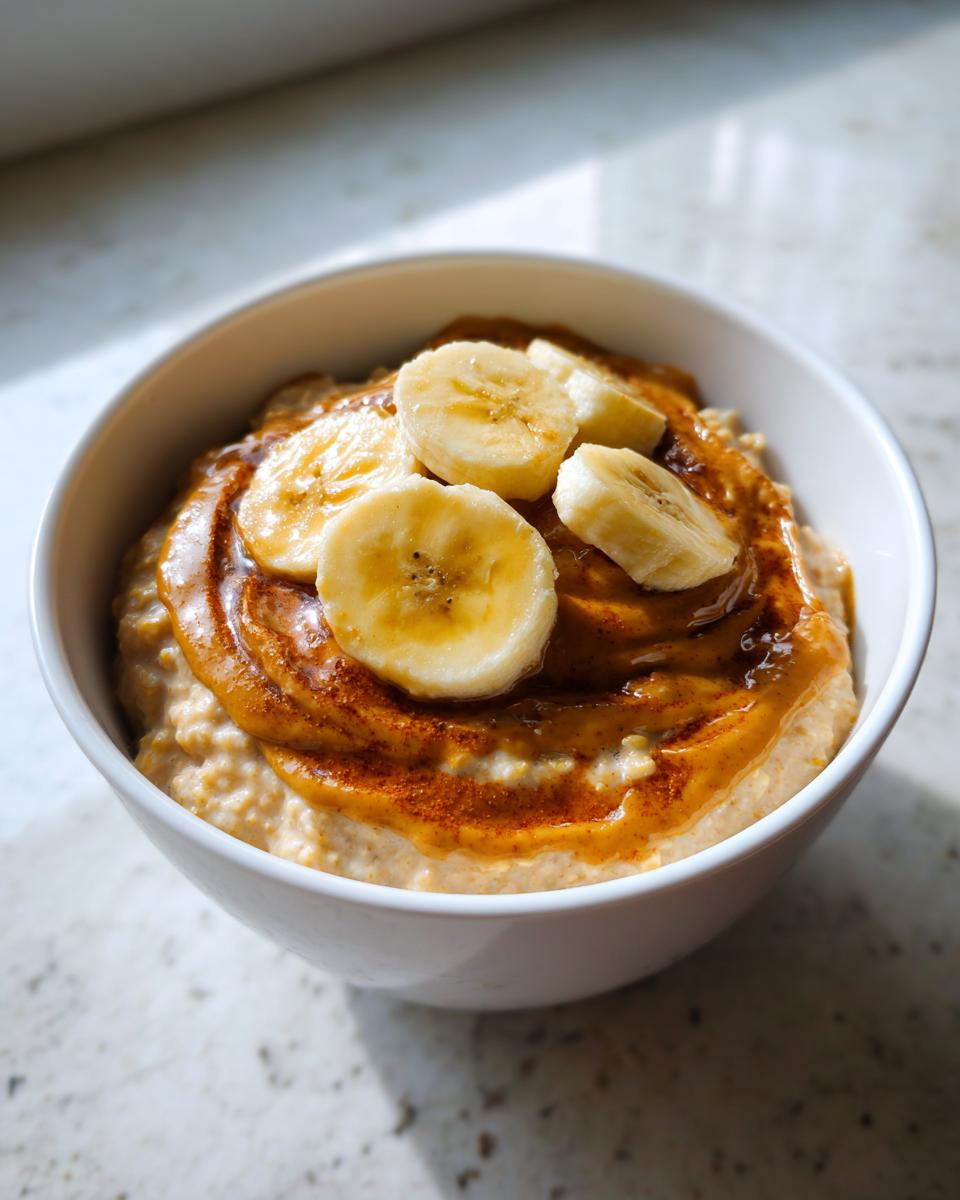 Close-up of creamy banana oatmeal topped with peanut butter swirl and fresh banana slices.