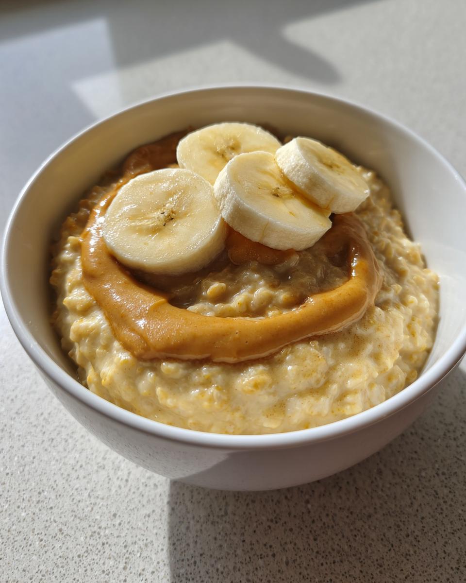 A close-up of creamy banana oatmeal topped with a swirl of peanut butter and fresh banana slices.