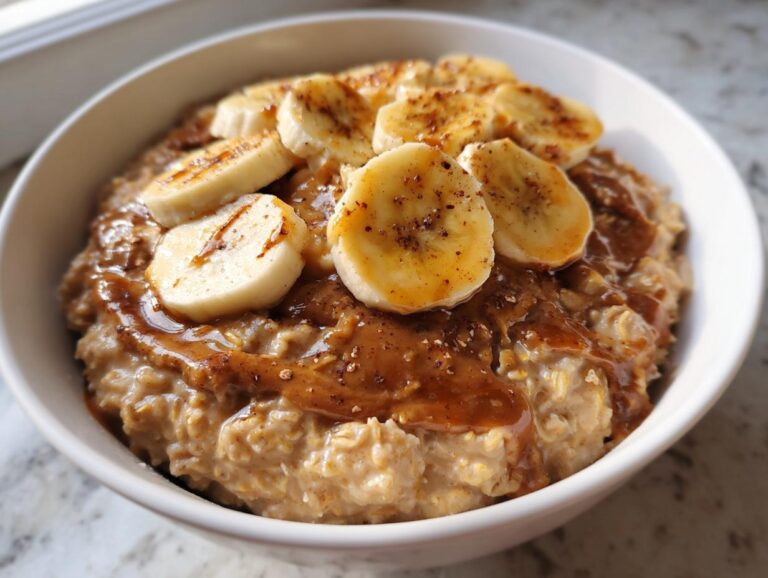 Close-up of creamy banana oatmeal in a white bowl, topped with sliced bananas and a drizzle of caramel or peanut butter sauce.