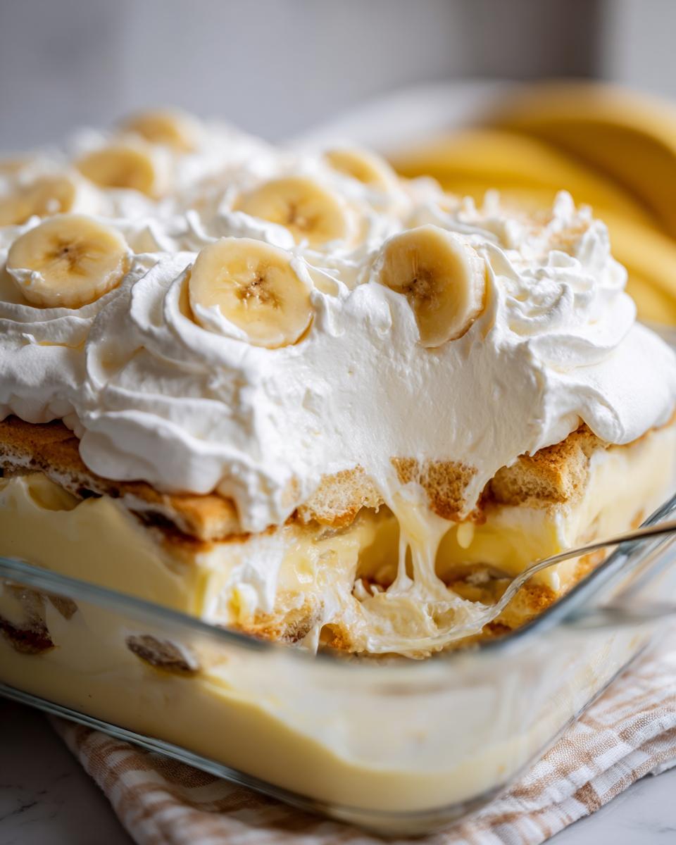 A spoonful is taken from a glass dish of layered banana pudding topped with whipped cream and banana slices.