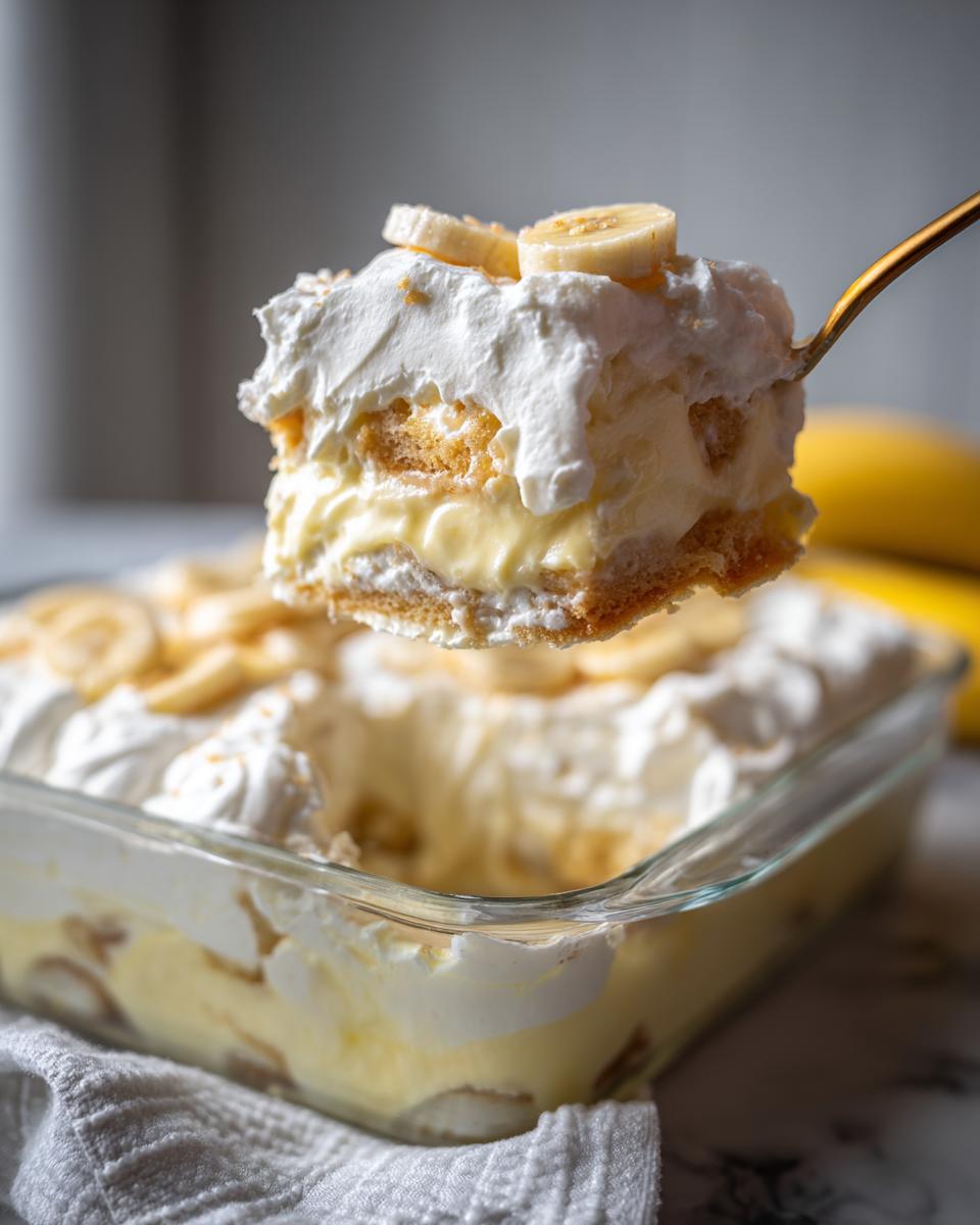 A spoonful of creamy banana pudding with whipped topping and banana slices being lifted from a glass dish.