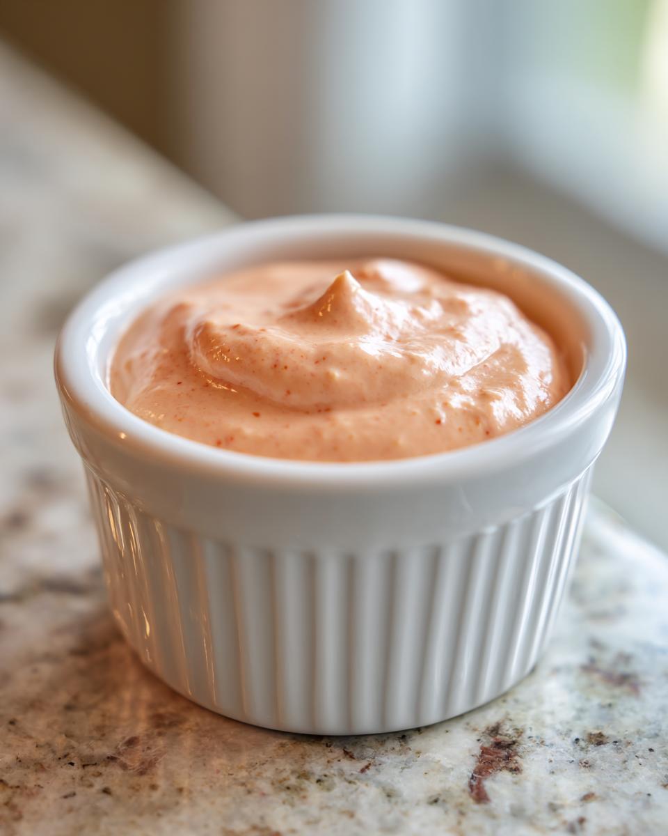 Close-up of creamy, orange-pink big mac sauce served in a small white fluted ramekin.