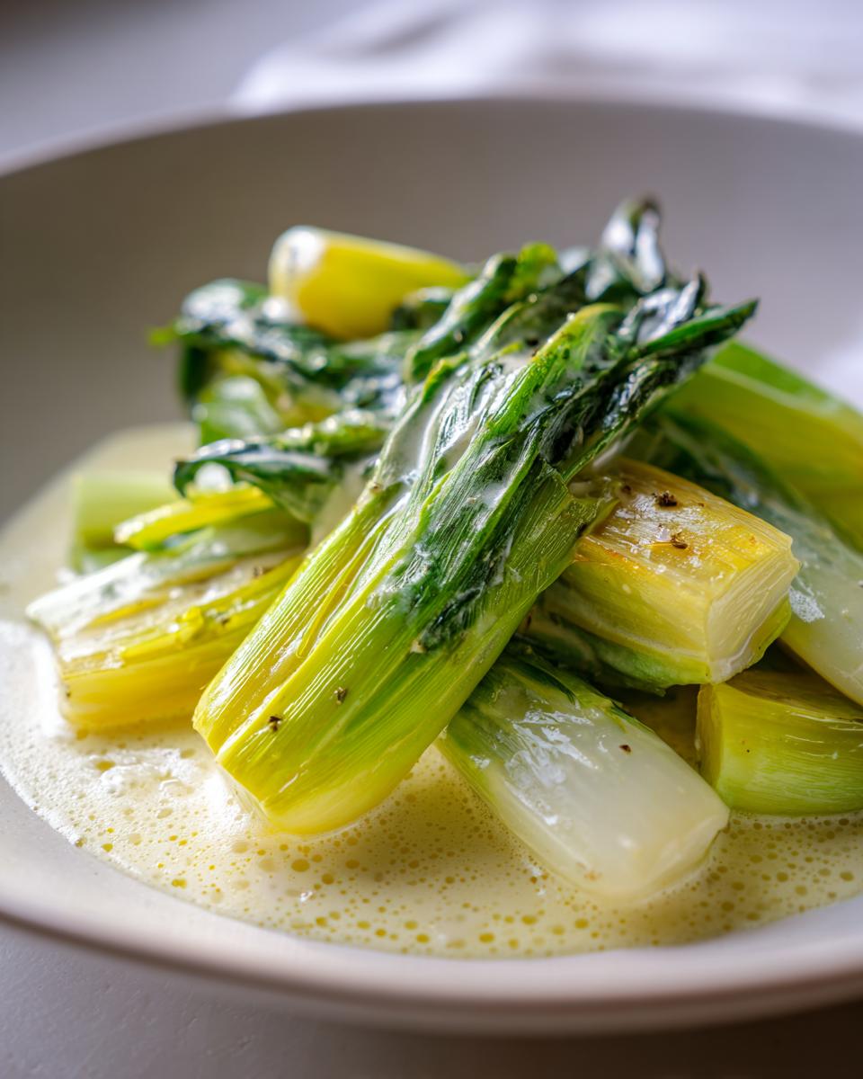 Close-up of tender braised leeks served in a light, creamy sauce, seasoned with pepper.
