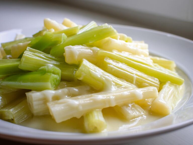Close-up of tender braised leeks coated in a creamy white sauce served on a white plate.