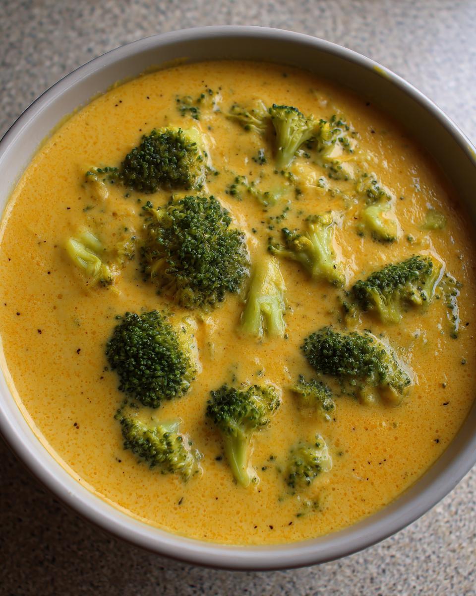 Close-up overhead view of a creamy, vibrant yellow bowl of broccoli cheddar soup filled with bright green broccoli florets.