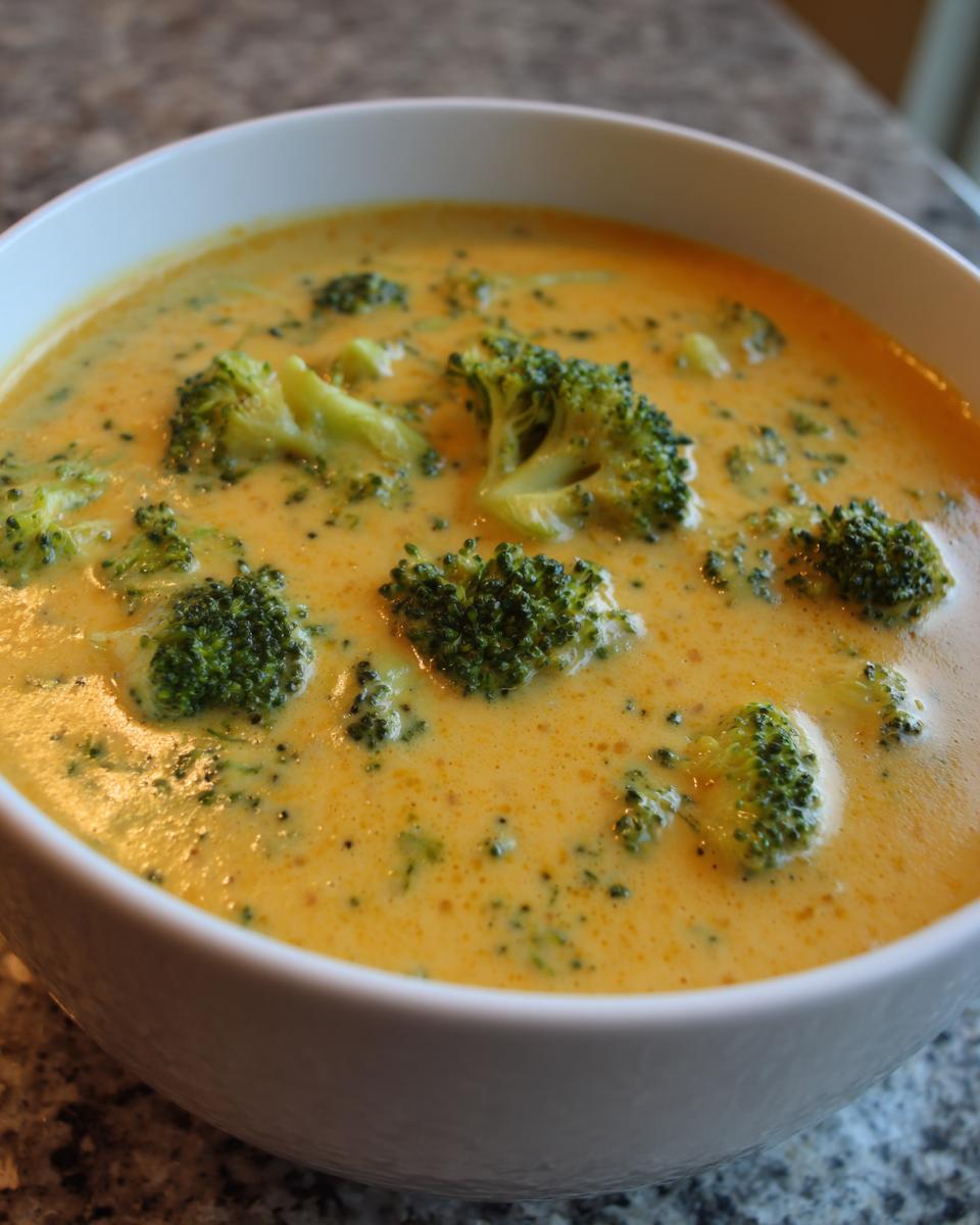 A close-up of a white bowl filled with creamy, orange-yellow broccoli cheddar soup featuring visible florets of green broccoli.