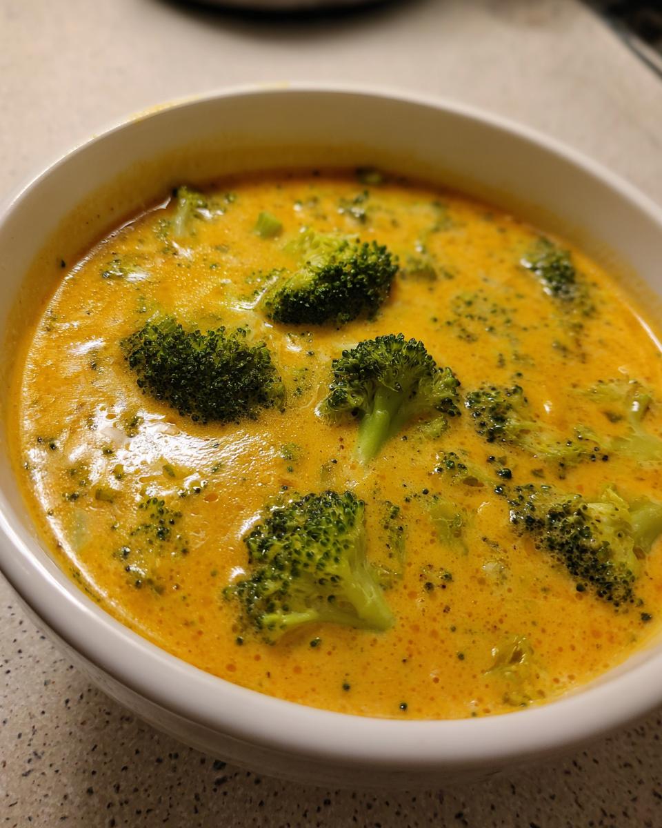 Close-up of a white bowl filled with creamy, orange-yellow broccoli cheddar soup featuring visible green broccoli florets.