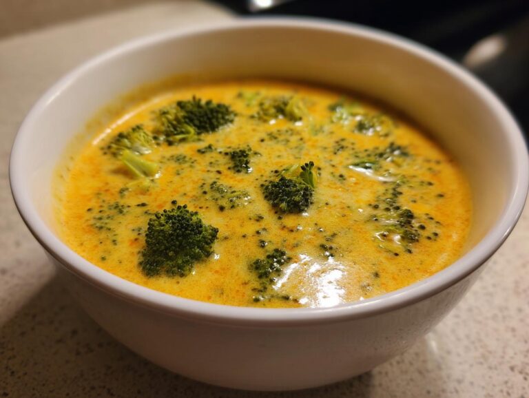 Close-up of a white bowl filled with rich, orange-yellow broccoli cheddar soup topped with florets.