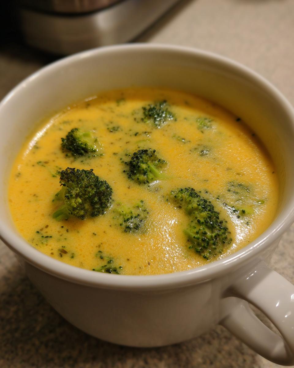 Close-up of a white mug filled with rich, creamy broccoli cheddar soup featuring visible florets of green broccoli.