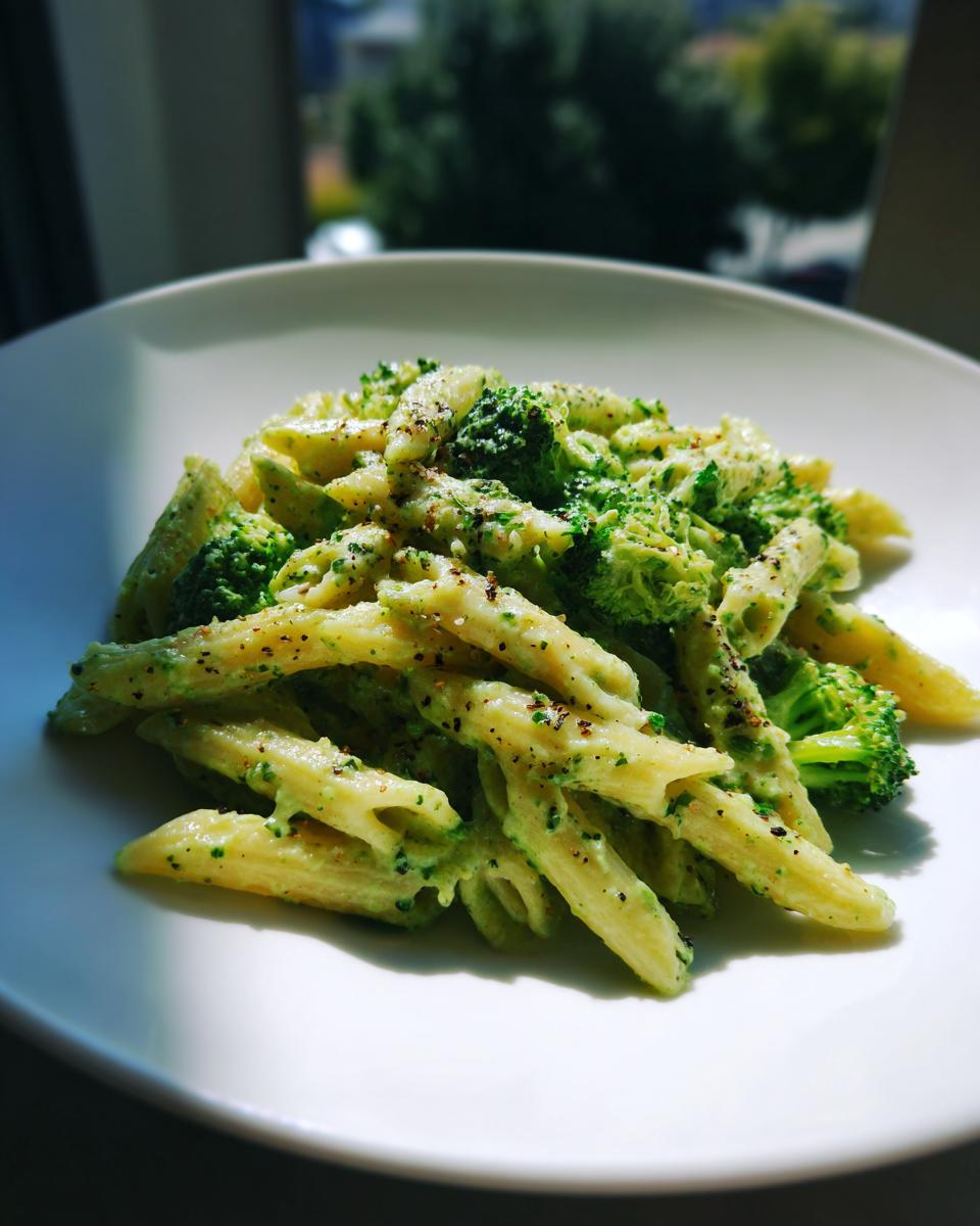 A plate of creamy broccoli pasta made with penne, topped with freshly ground black pepper.