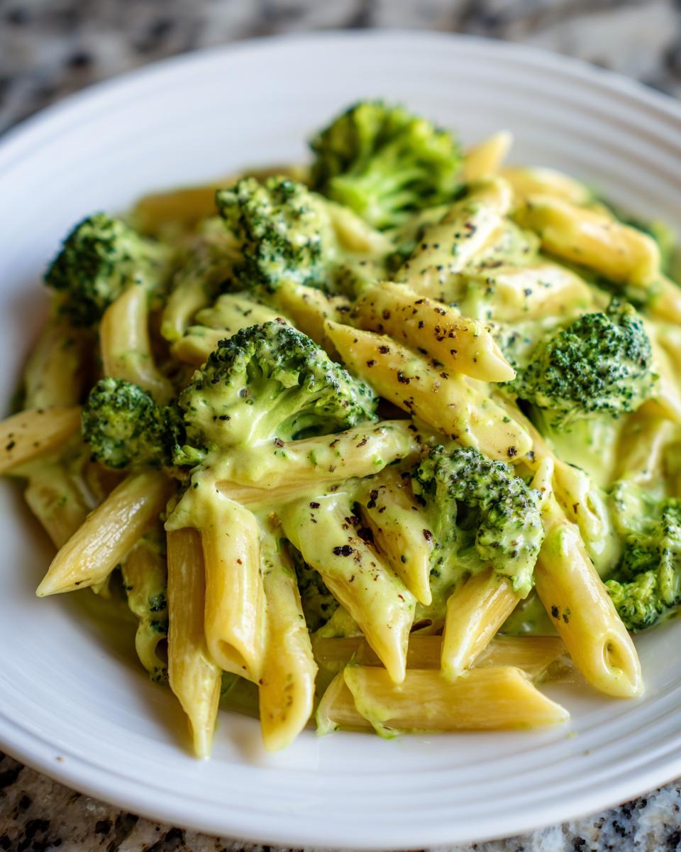 A close-up shot of creamy broccoli pasta featuring penne noodles coated in a light green sauce and topped with bright green broccoli florets.