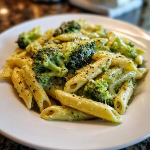 A close-up shot of creamy broccoli pasta made with penne noodles, vibrant green broccoli florets, and topped with pepper.