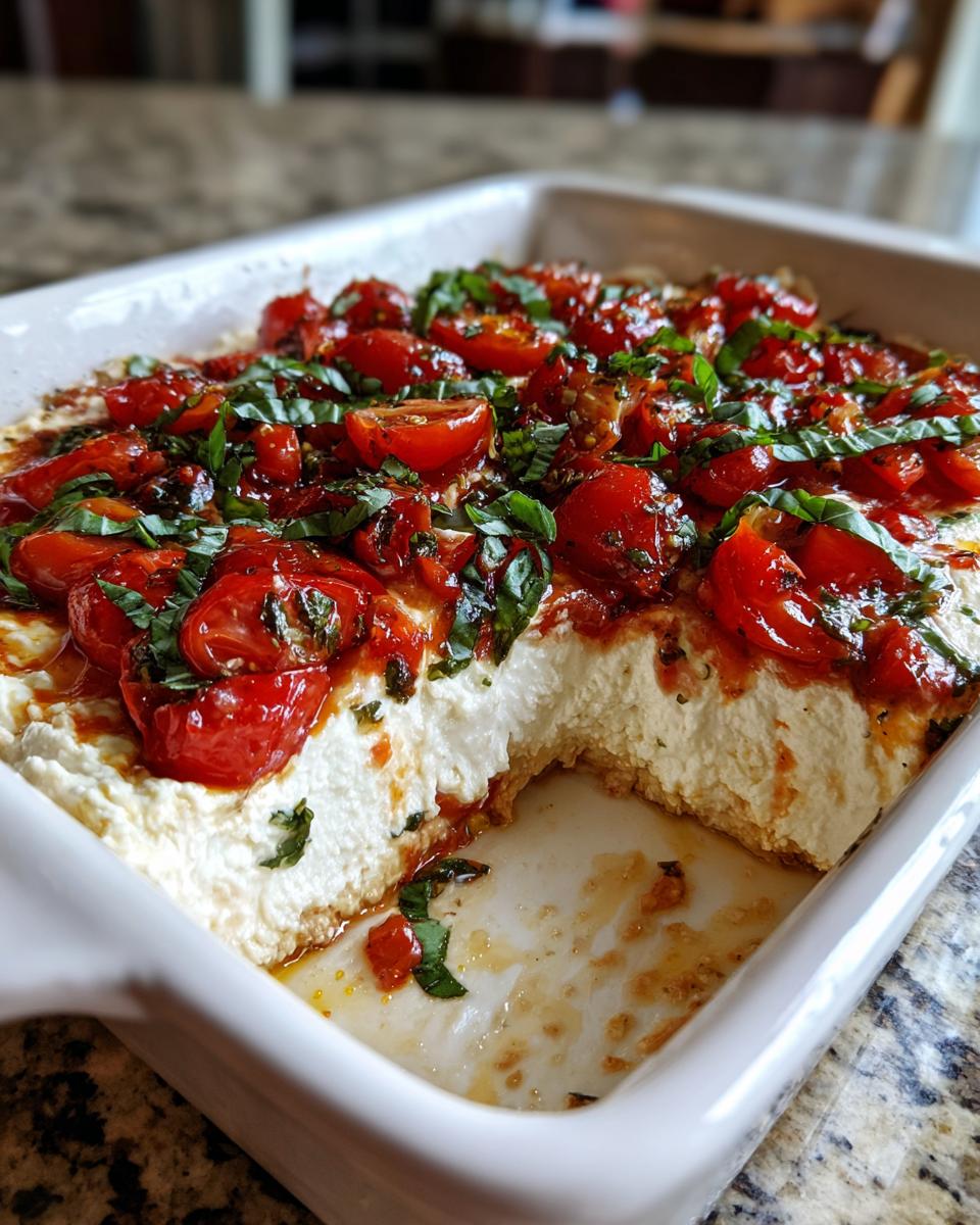 A portion of creamy bruschetta dip topped with roasted tomatoes and fresh basil, served in a white baking dish.