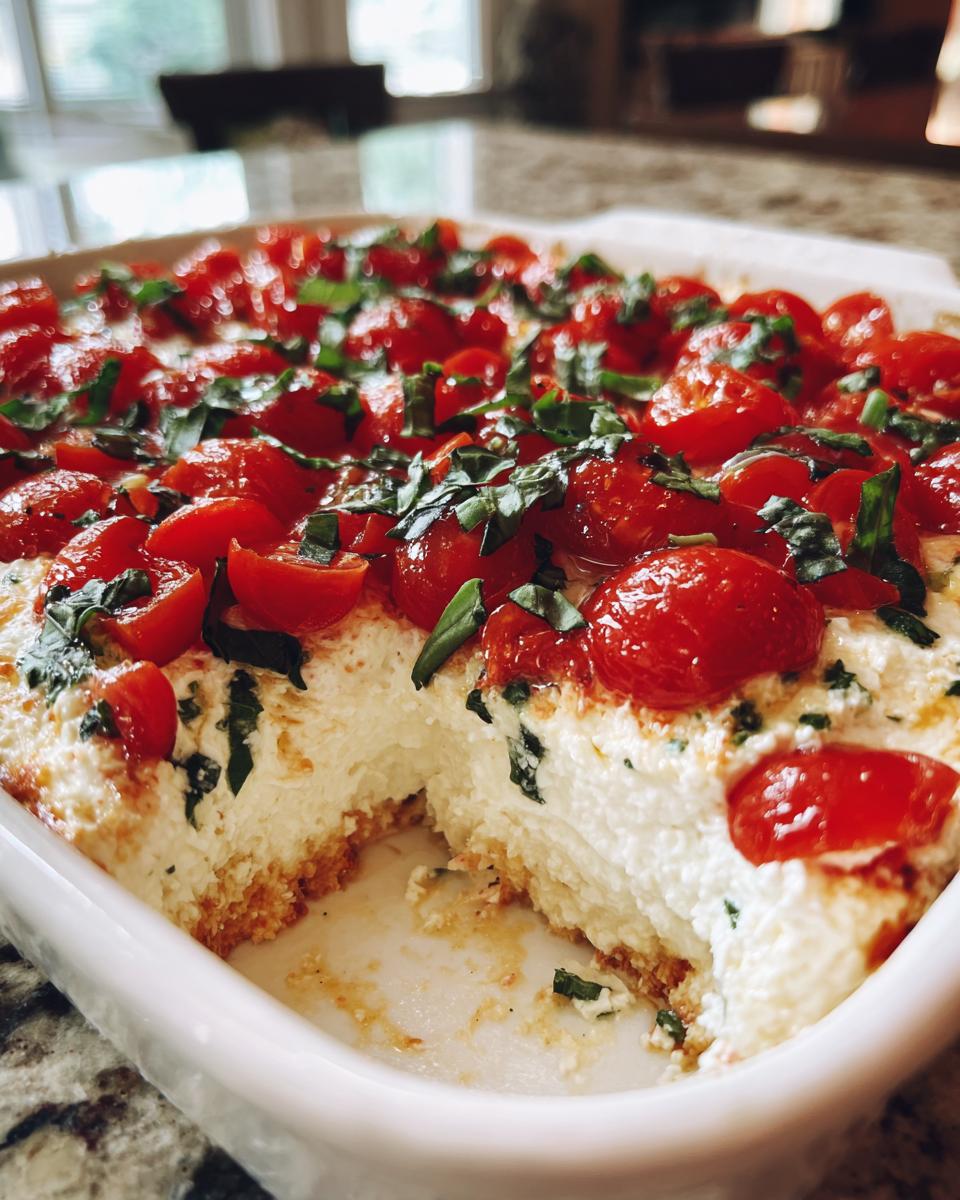 A creamy, baked bruschetta dip topped with halved cherry tomatoes and fresh basil in a white baking dish.