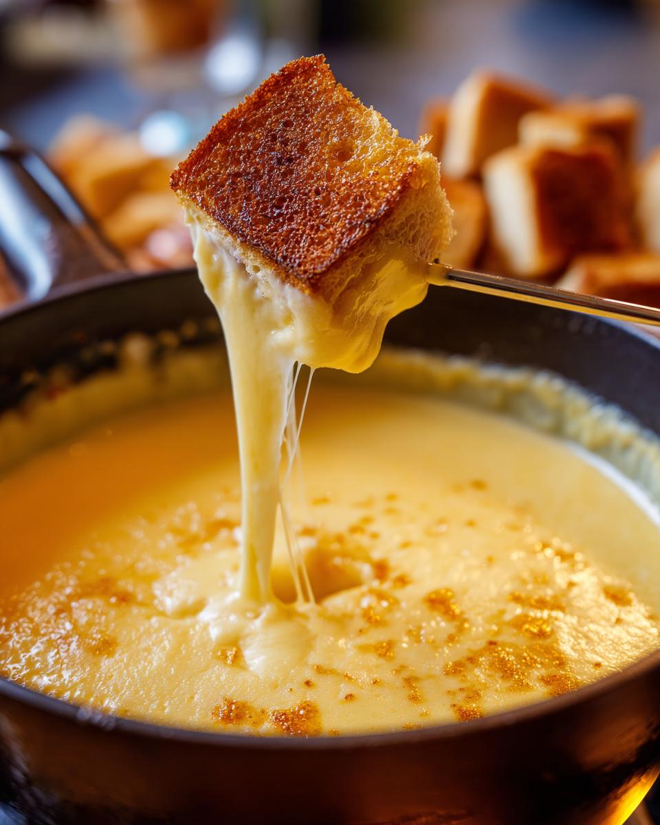 A piece of toasted bread being dipped into a pot of hot, creamy cheese fondue, showing long cheese pulls.