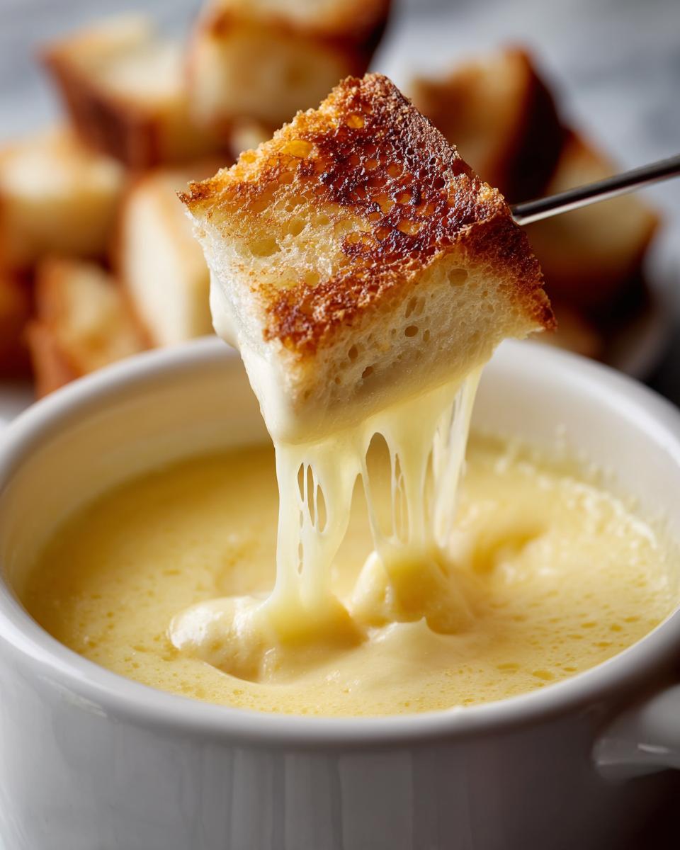 A piece of toasted bread dripping with melted, stretchy cheese fondue being dipped into a white bowl.